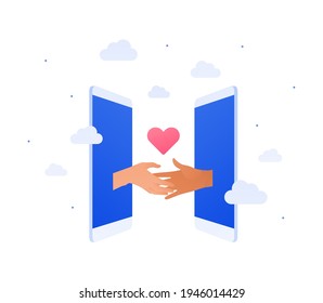 Online dating and relationship concept. Vector flat illustration. Couple on hands holding on smartphone screen. Pink heart love symbol. Design element.