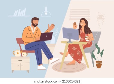 Online dating. Relationships at a distance. Love couple at online date. Internet call of man and woman . Virtual romantic meeting of people at computers. Video conference. 