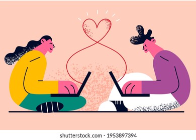 Online dating, remote communication, technology concept. Young smiling couple cartoon characters sitting chatting and communicating online having remote date on laptops vector illustration