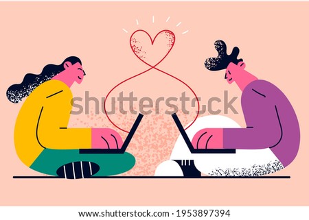 Online dating, remote communication, technology concept. Young smiling couple cartoon characters sitting chatting and communicating online having remote date on laptops vector illustration