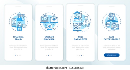 Online Dating Risks Website Onboarding Mobile App Page Screen With Concepts. Fake Profile Walkthrough 4 Steps Graphic Instructions. UI, UX, GUI Vector Template With Linear Color Illustration