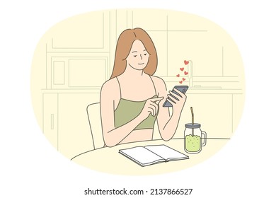 Online dating and romance concept. Young positive woman sitting at table holding smartphone in hands chatting and dating online vector illustration 