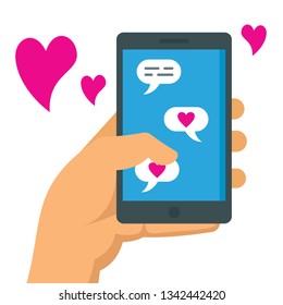 Online dating. Romantic conversation flat vector concept. Friendly internet communication. Online love dating communication, romantic internet love vector illustration