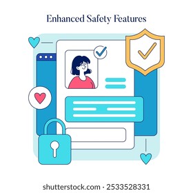 Ilustração de Segurança de Encontros Online. Processo de verificação de perfil seguro com elementos de proteção de privacidade em uma interface de aplicativo de namoro. Confiança e segurança online. Ilustração vetorial.