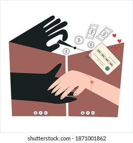 Online Dating Scam Concept. Internet Predator And His In Love Trusting Victim. Thief, Cyber Bandit Steal Credit Card, Web Fraud, Cyber Deception. Romance Virtual Date Flat Vector Illustration 