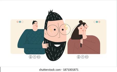 Online dating scam concept. Love and internet technology, scammers couple in love, web fraud, cyber deception. Romance virtual date. Flat vector cartoon illustration with character isolated on white