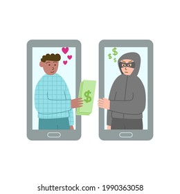 Online Dating Scam Concept. A Man In Love Gives Money To A Scammer By The Phone. Masked Fraudster And Victim. Vector  Flat Illustration.