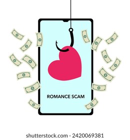 Online dating scam concept. Red heart symbol on phishing hook with mobile and flying money in flat design. Online fraud, trick in internet dating.