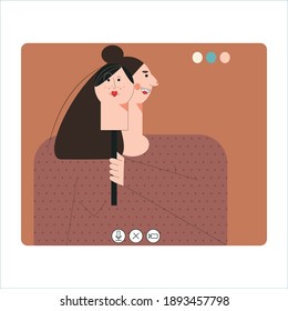 Online Dating Scam Concept Woman With Mask Love And Internet Technology, Girl Scammer, Web Fraud, Cyber Deception. Romance Virtual Date. Flat Vector Cartoon Illustration With Character