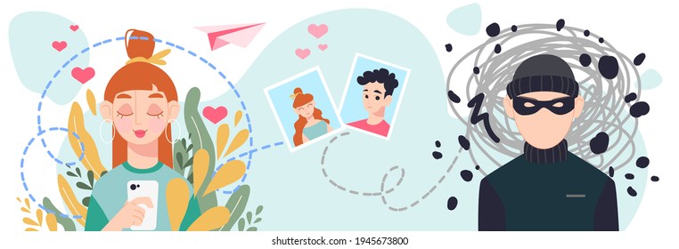 Online dating scam concept. A young girl meets a fraudulent stranger on the Internet. Cybersecurity for online dating. Flat vector illustration isolated on white background.