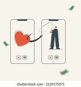 Online dating scam.  Flat vector cartoon illustration isolated on white. Red heart symbol on fishing hook. Online dating scam, online fraud, cybercrime concept. Online fraud, trick in internet dating 