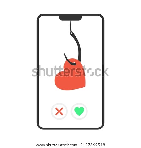 Online dating scam.  Flat vector cartoon illustration isolated on white. Red heart symbol on fishing hook. Online dating scam, online fraud, cybercrime concept. Online fraud, trick in internet dating 