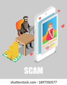 Online Dating Scam. Girl Chatting With Scammer, Flat Vector Isometric Illustration. Fake Romance, Dating Fraud.