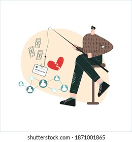 Online dating scam. Masked thief. Man internet predator. Thief, cyber bandit  steal credit card. Web fraud, cyber deception, online scammers. Flat vector cartoon illustration isolated on white