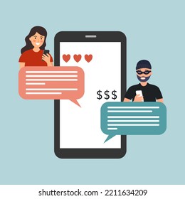 Online Dating Scam On Smartphone Mobile App In Flat Design. Phone Phishing. 