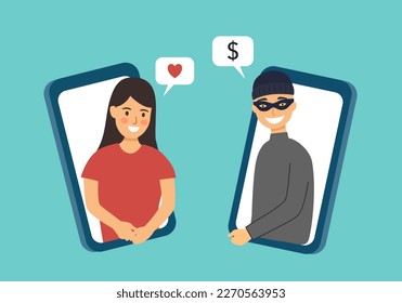 Online dating scam on smartphone mobile app in flat design. Phone phishing.