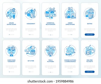 Online dating scams onboarding mobile app page screen with concepts. Harassment on dating website walkthrough 10 steps graphic instructions. UI, UX, GUI vector template with linear color illustrations