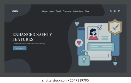 Conceito de segurança de namoro online. Recursos de segurança aprimorados em aplicativos de criação de partidas. Crachás de confiança, bloqueios de privacidade e verificação de perfil. Ilustração vetorial.