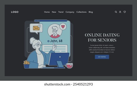 Online Dating for Seniors concept. Elderly woman using a dating site to find companionship, with a profile displayed on screen. Romantic connection in later life. Vector illustration.