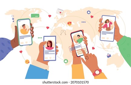 Online dating service application concept. Hands holding smartphone with man and woman profiles. Young people looking for a couple. Concept of social media, virtual relationship communication. 