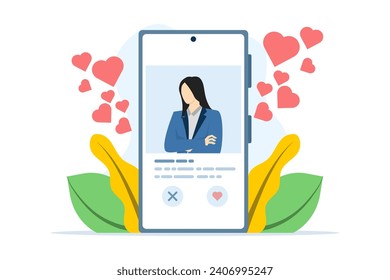 Online dating service application concept. smartphone with the profile of a young woman. Modern youth is looking for a partner. Social media concept, virtual relationship communication. flat vector.