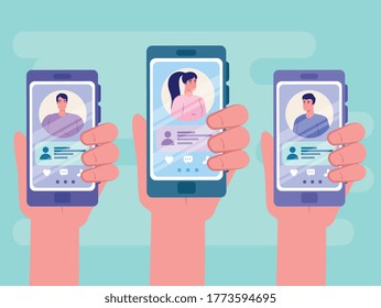 aplicación de servicio de citas en línea, manos con smartphone con perfiles de hombre y mujer, personas modernas que buscan pareja, medios sociales, concepto de comunicación de relaciones virtuales ilustración vectorial
