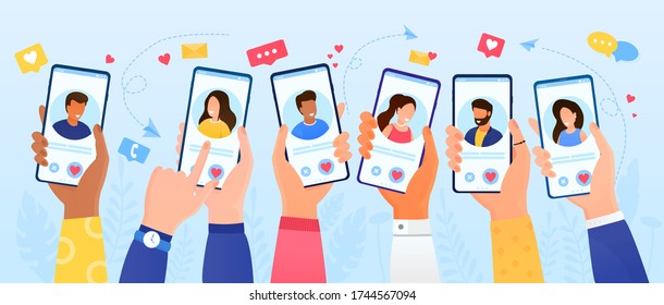 Online Dating Service Application. Men and women communicate via smartphone with interesting people looking for romance. Virtual relationships at a distance. Flat Vector Illustration