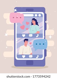 online dating service application, smartphone with man and woman profiles, modern people looking for couple, social media, virtual relationship communication concept vector illustration design