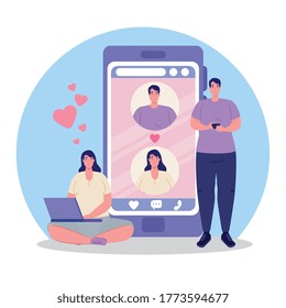 online dating service application, smartphone with man and woman profiles, man using smartphone and woman using laptop, modern people looking for couple vector illustration design