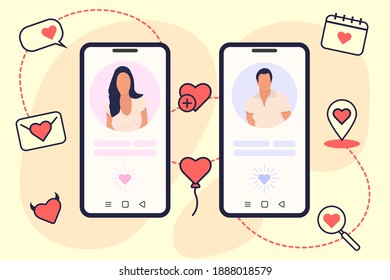 Online dating service application. Smartphones with man and woman profiles. People looking for a couple. Concept of social media, virtual relationship communication. Vector background.