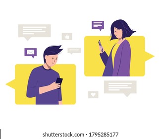 Online dating service application, talking, sharing news. Concept of social media, virtual relationship communication. Smiling guy and girl chatting by the phone. Isolated vector illustration