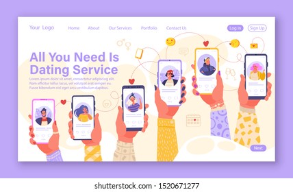  Online dating service application template. Concept for landing page on social media, virtual relationship communication theme. Web page design. Hands holding smartphone with man and woman profiles. 