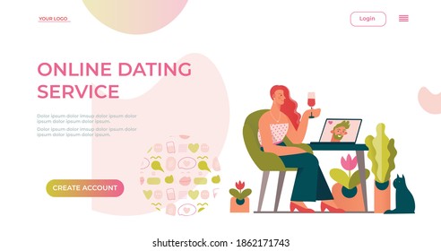 Online dating service application template. Video chats of first meetings. Concept for landing page on social media,dating website app. Flat cartoon vector illustration.