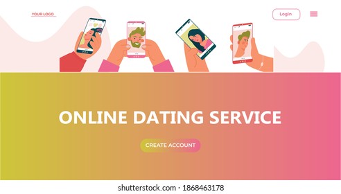 Online dating service application template. Concept for landing page on social media,dating website app. Flat cartoon vector illustration. Hands holding smartphones with man and woman profiles in dati