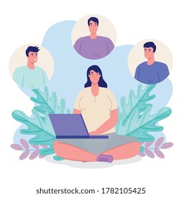 online dating service application, woman with laptop, modern female looking for couple, social media, virtual relationship communication concept vector illustration design