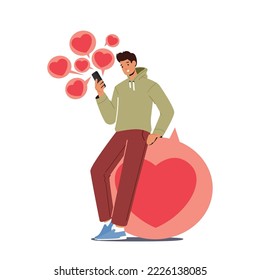 Online Dating Service Application. Young Man Holding Smartphone Giving Likes in Women Profiles. Modern Young Person Character Looking For A Couple in Social Media. Cartoon People Vector Illustration