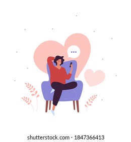 Online dating service concept. Vector flat people illustration. Woman sitting on chair with smartphone. Heart shape love symbol on background. Talk bubble. Design element for banner, poster.