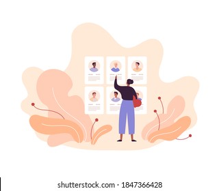 Online dating service concept. Vector flat people illustration. African american woman standing with heart shape love symbol choosing from men profile with portrait. Design for banner, web.