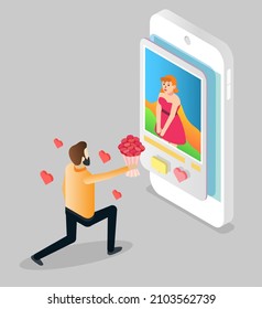 Online Dating Service, Flat Vector Isometric Illustration. Man Kneeling Giving Bouquet Of Flowers To Girl From Smartphone. Virtual Love Relationship.