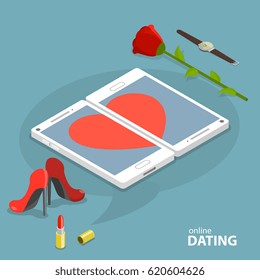 Online dating service isometric flat low poly vector concept. Two smartphones are showing a heart symbol on their screens. Nearby are some men and women accessories.
