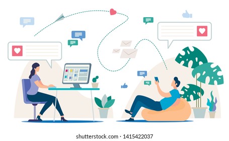 Online Dating Service, Mobile App, Virtual Relations Flat Vector Concept. Woman Sitting at Desk, Messaging with Friend, Man with Phone Sitting in Bean Bag Chair Chatting in Social Network Illustration