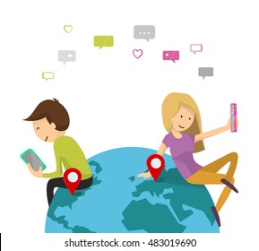 Online dating service. Virtual Chat, Like, Selfie concept. Boy and girl send messages of smartphone. Young couple man and woman on the planet Earth. Flat design, Vector illustration isolated on white