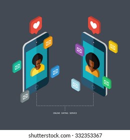 Online dating service, virtual communication and searching love in internet. Isometric vector concept.
