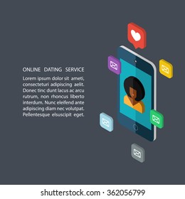 Online dating service, virtual communication and searching love in internet. Isometric vector illustration.