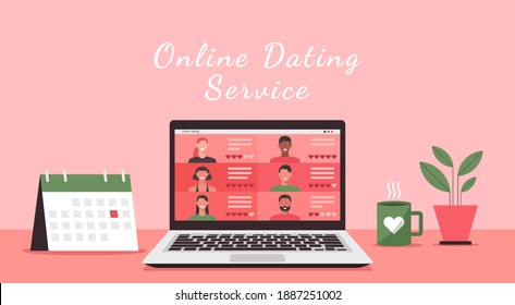 online dating service website, concept of people with long distance relationship and virtual love on social networking on laptop screen, flat vector illustration