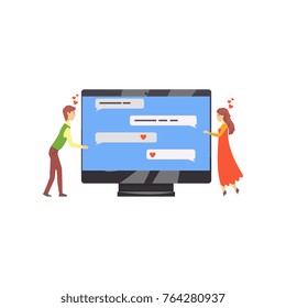 Online dating service or website concept with people talking in chat. Man and woman standing near computer screen. Vector in flat style.