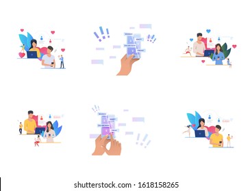 Online dating set. Couples chatting online, cyberbullying. Flat vector illustrations. Communication, romance, internet concept for banner, website design or landing web page