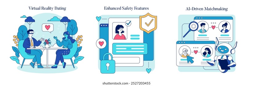 Conjunto de encontros online. Explorar futuras experiências de namoro com a realidade virtual, segurança aprimorada e matchmaking orientada pela IA. Evolução da tecnologia de relacionamento. Ilustração vetorial.