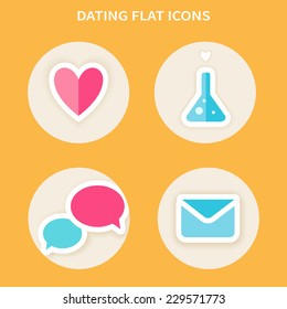Online dating, set of flat vector icons: heart, love chemistry, speech bubbles and envelope.