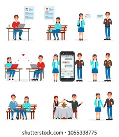 Online dating set, people finding love using dating websites and app on smartphones and computers vector Illustrations